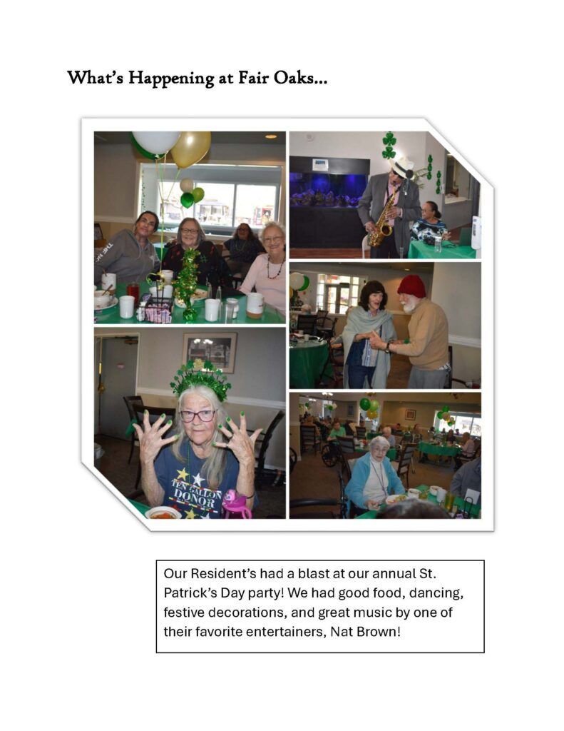 A collage of photos from a st. patrick's day party at fair oaks, showing residents enjoying food, decorations, and music.